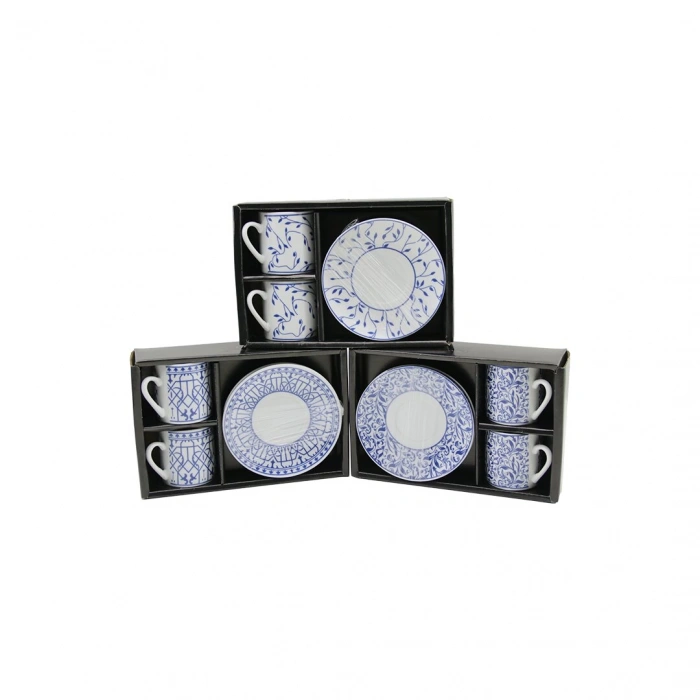 Mavi - Beyaz 4pcs=2-takım  Porselen Kahve Fincanı  Çiçek - Çizgi - Nokta Mix Desen (5148)