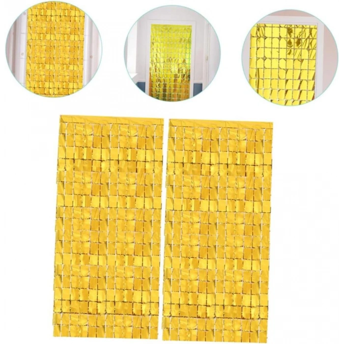 NessiWorld Ekstra Metalize Altın Renk Disko Dikdörtgen Kesim Kapı Perdesi Dekorasyon 1x2 Metre