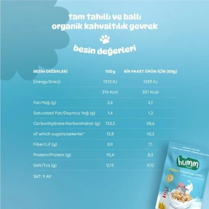 Timion Humm Organik Tam Tahıllı ve Ballı Kahvaltılık Gevrek 80 Gr