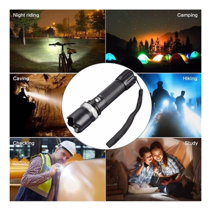 Profesyonel Şarjlı El Feneri Uzun Menzilli Şarjlı Zoomlu Süper Güçlü Acil Durum Feneri Çift Bataryal (5148)