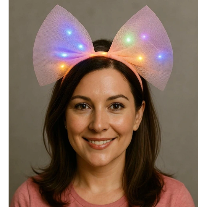 Timion Rengarenk Led Işıklı Fiyonk Şekilli Tül Parti Tacı Pembe Renk 25x25 cm