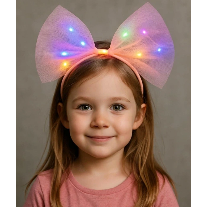 Timion Rengarenk Led Işıklı Fiyonk Şekilli Tül Parti Tacı Pembe Renk 25x25 cm