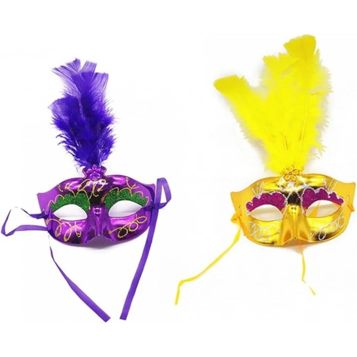 Renkli Tüylü Venedik Parti Maskesi Karışık Renk 12 Adet