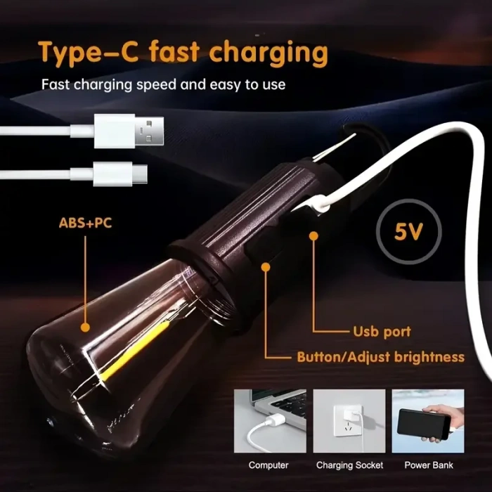 Rustik Taşınabilir Şarjlı Tasarruflu Ampul 10W Led Lamba Type-c Şarj Askılı Asma Aydınlatma T020 (5148)