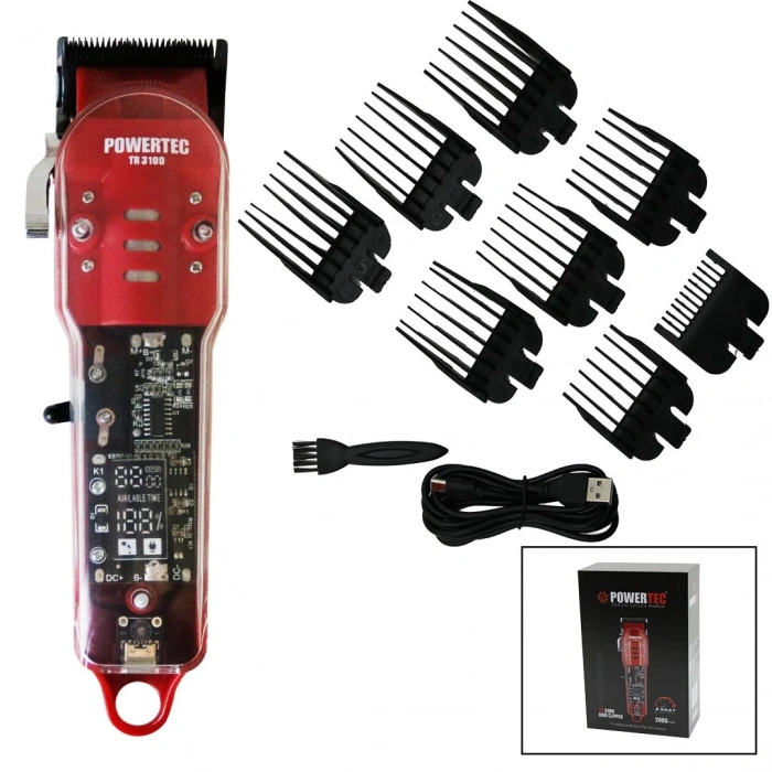 Saç - Sakal Kesme Traş Makinesi  Şeffaf Ana Kartlı Gövde - Usb Şarjlı Göstergeli - Tarak Ayar Mandallı Tr-3100 (5148)