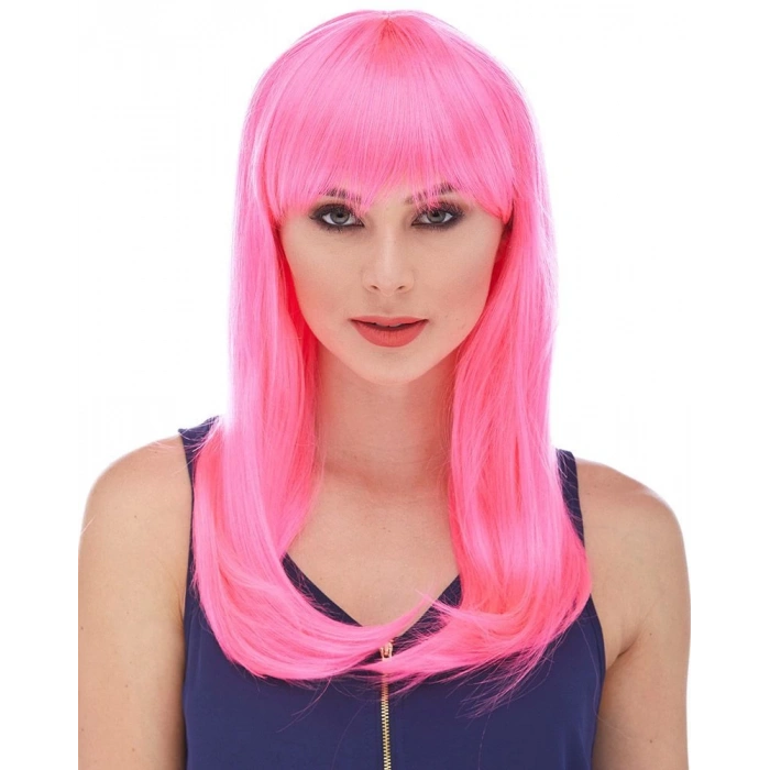 Şeker Pembesi Koyu Pembe Renk Uzun Düz Parti Peruğu (5148)