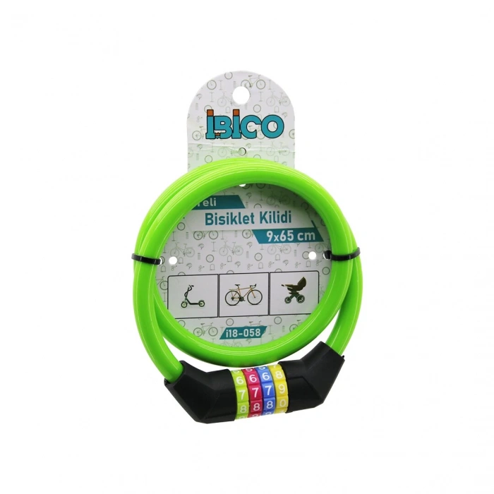 Şifreli İnce Bisiklet Kilit Çelik Tel Yeşil Renkli Kılıf 9mmx65cm (5148)