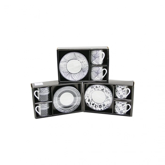 Siyah - Beyaz 4pcs=2-takım  Porselen Kahve Fincanı  Çiçek - Çizgi - Nokta Mix Desen (5148)