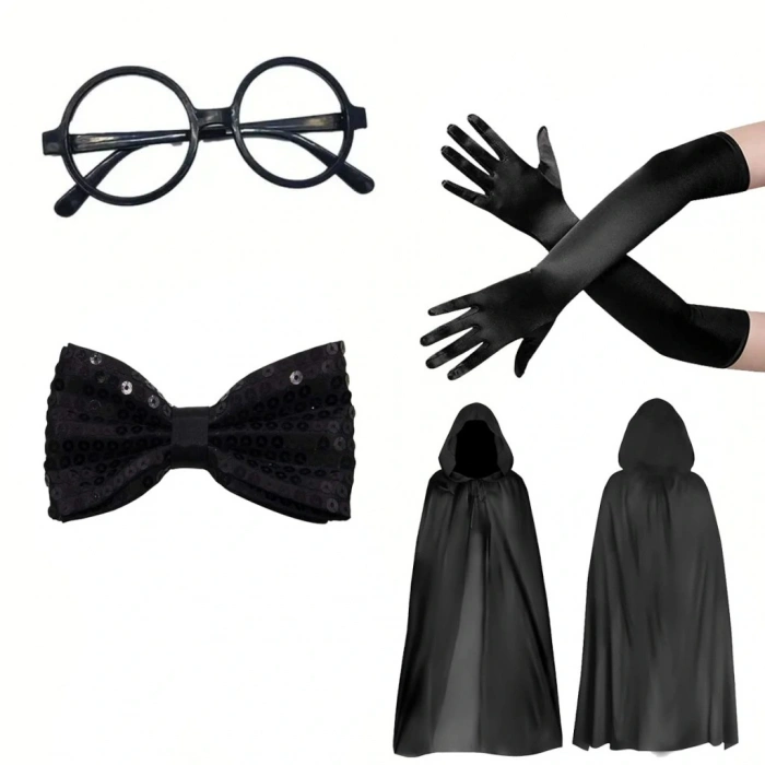 Siyah Kapüşonlu Büyücü ve Cadı Pelerin Kostüm Seti (4 Parça)