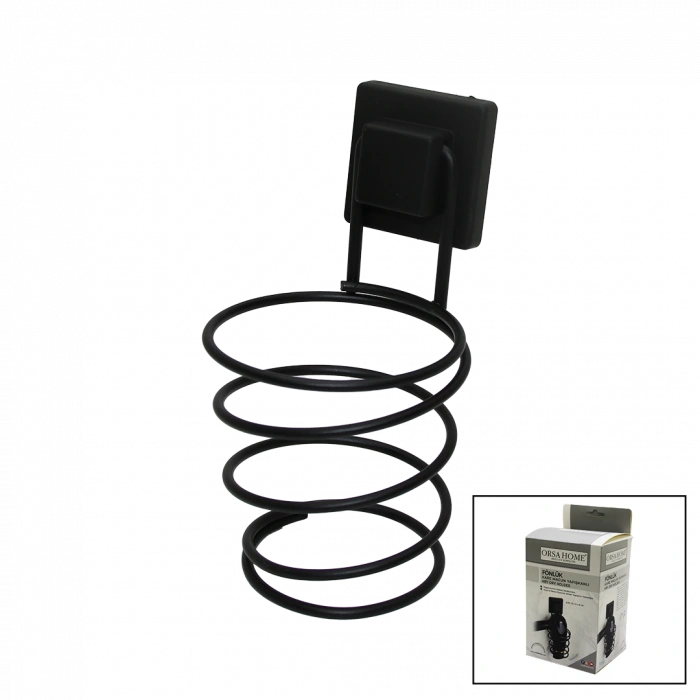 Siyah - Metal Fönlük Fön Makine Askısı Kare Macun Yapışkanlı10x11x15cm (5148)