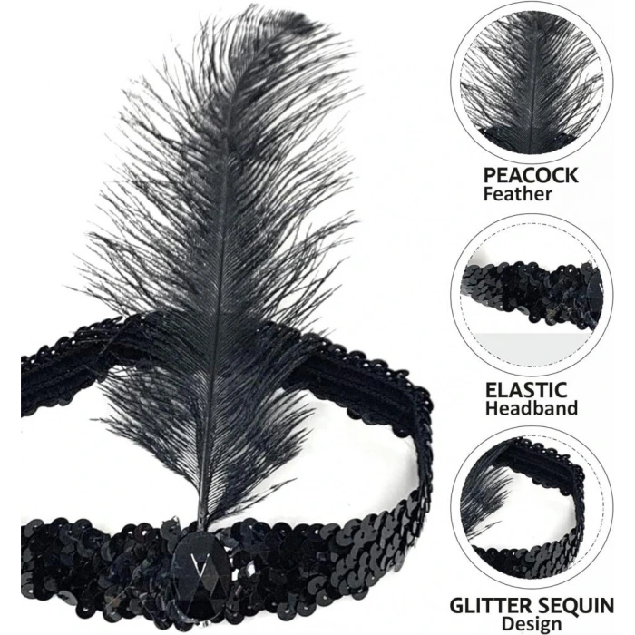 Timion Siyah Renk Çarliston Başlık 90 lı Yıllar 80 li Yıllar Tüylü Saç Bandı