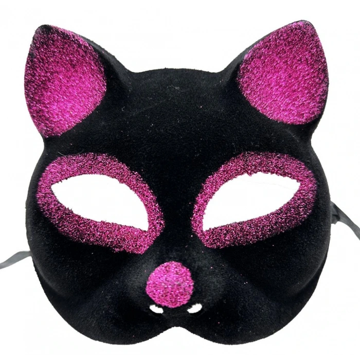 Timion Siyah Renk Fuşya Simli Süet Kaplama Kedi Maskesi 18x14 cm