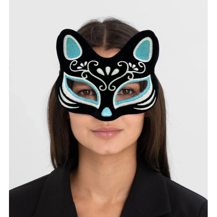 Siyah Renk Süet Kaplama Üzeri Gümüş Mavi Simli Kedi Maskesi 17x14 cm (5148)