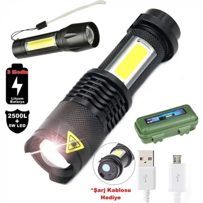 Su Geçirmez Şarjlı El Feneri 2500 Lumens + 5w Cob Led Usb Lion Şarjlı Ultra Güçlü Q5 Xpe (5148)
