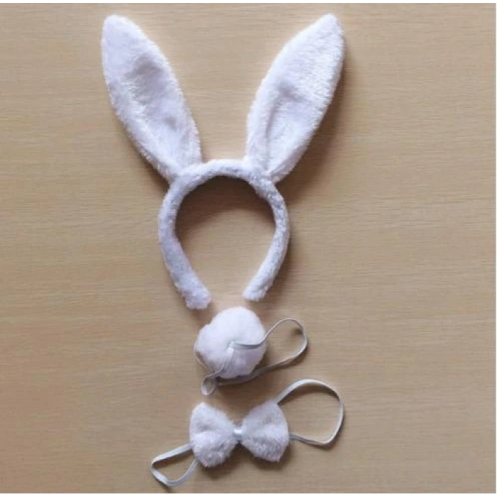 Timion Tavşan Kostüm Seti Taç Papyon Kuyruk Beyaz Renk