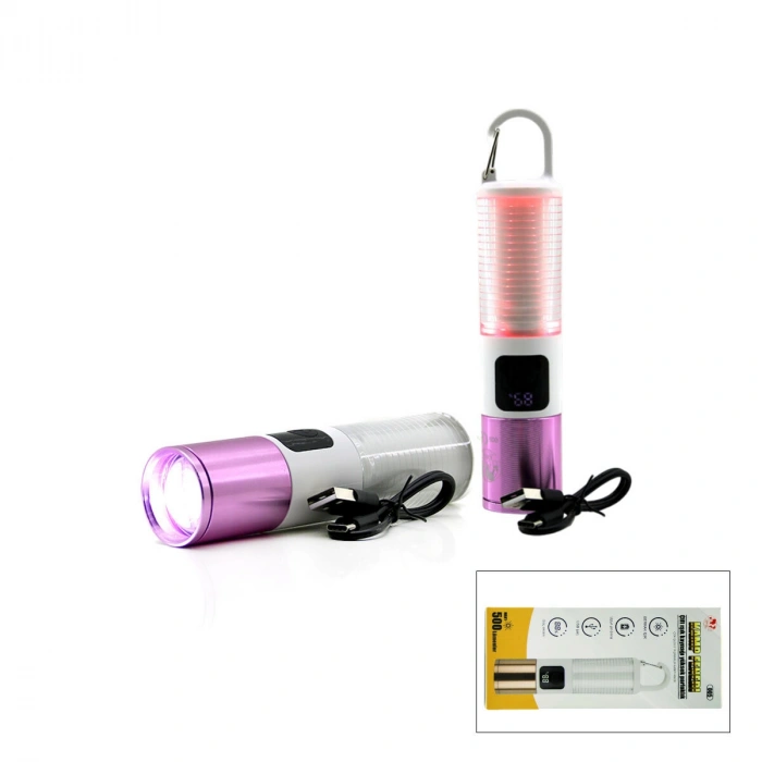 Timion 2in1 Kamp - Çok Amaçlı El Feneri Usb Şarjlı Zoom 6 Fonksiyon Işık=doğal - Renkli Askı Mandalı Şarj Göstergesi 005 (5148)