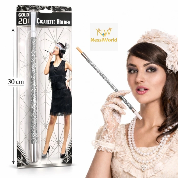 Timion 30 cm Gümüş Payetli Sigara Tutacağı – 1920’ler Gatsby Parti Aksesuarı