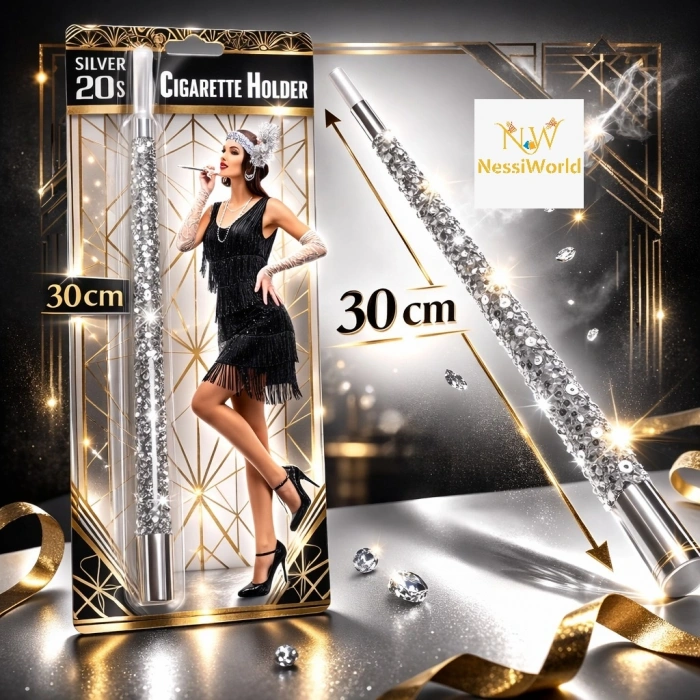 Timion 30 cm Gümüş Payetli Sigara Tutacağı – 1920’ler Gatsby Parti Aksesuarı