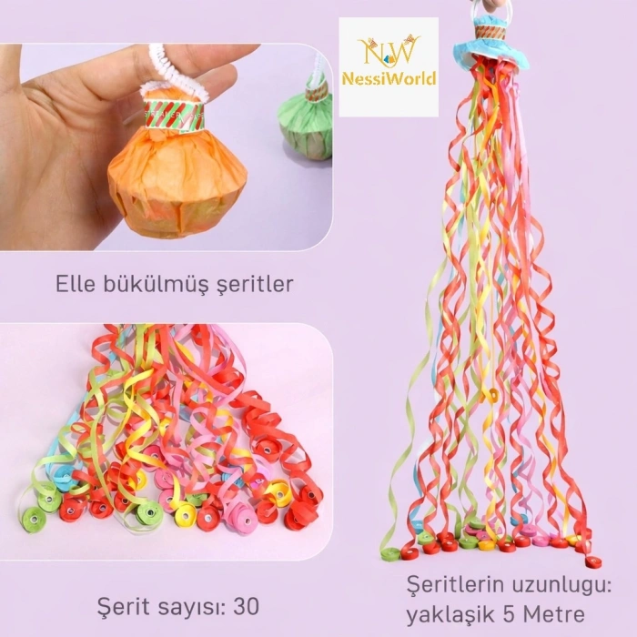 Timion 30 Şeritli Renkli Elle Atılan Konfeti – 5 Metre Uzayan Şerit Konfeti 1 Adet