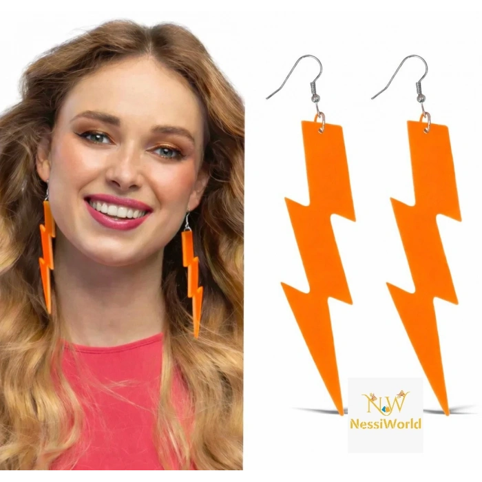 Timion 80’ler 90'lar Retro Neon Turuncu Şimşek Küpe 10 cm