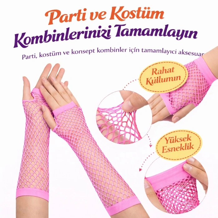 Timion 80’ler 90’lar Retro Neon Pembe File Parmaksız Eldiven 26 cm (5148)