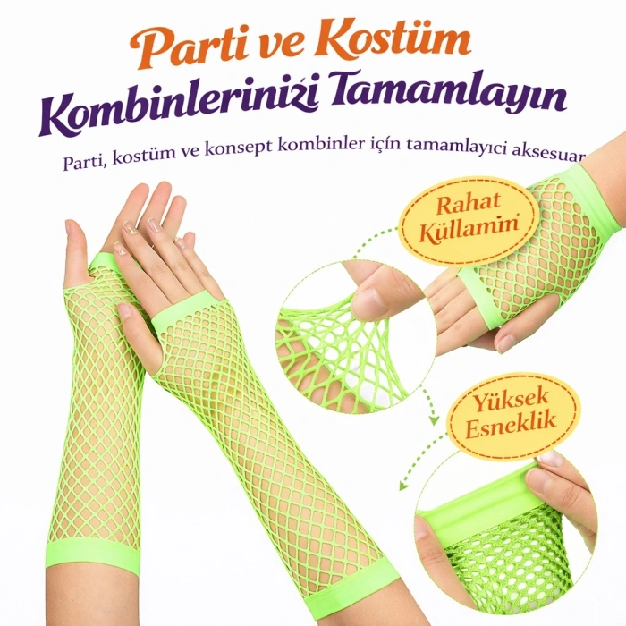 Timion 80’ler 90’lar Retro Neon Yeşil File Parmaksız Eldiven 26 cm (5148)