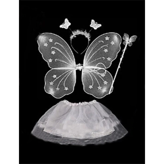 Timion Beyaz Kelebek Kostümü - Beyaz Kelebek Kostüm Aksesuar Seti 4 Parça (5148)