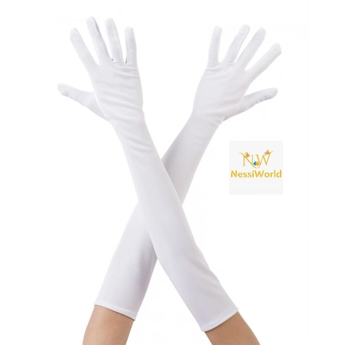 Timion Beyaz Renk Dirseğe Kadar Uzun Kumaş Eldiven 40 cm