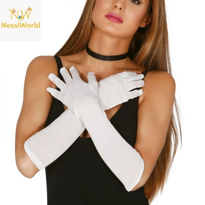 Timion Beyaz Renk Dirseğe Kadar Uzun Kumaş Eldiven 40 cm