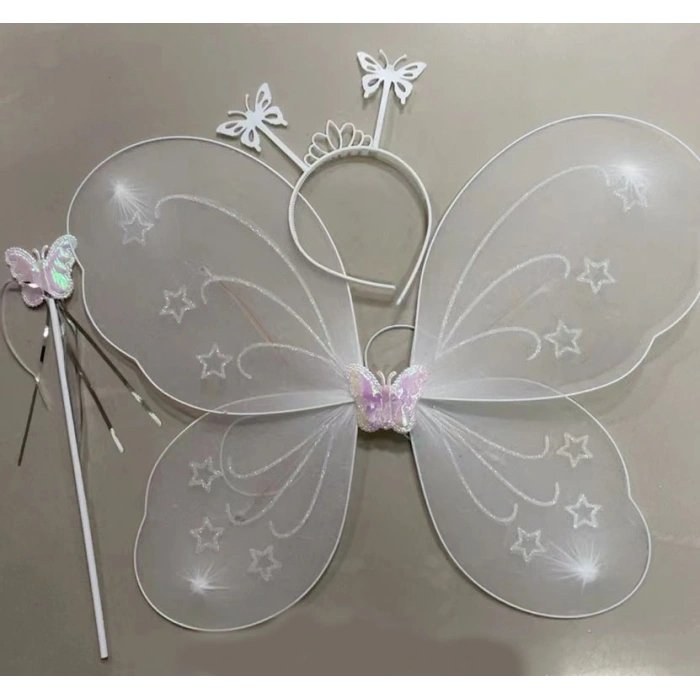 Timion Beyaz Renk Kelebek Kanadı Tacı ve Sopası 50x37 cm (5148)