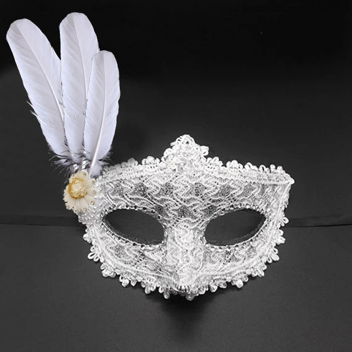 Timion Beyaz Renk Tüylü Dantelli Gözleri Taşlı Balo Parti Maskesi (5148)