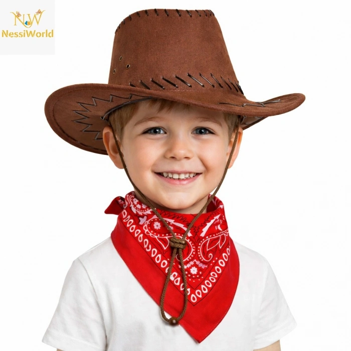 Timion Çocuk Kovboy Şapka Kahverengi & Kırmızı Bandana Seti