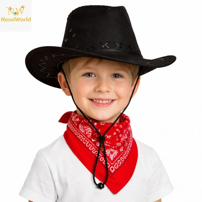 Timion Çocuk Kovboy Şapka Siyah & Kırmızı Bandana Seti