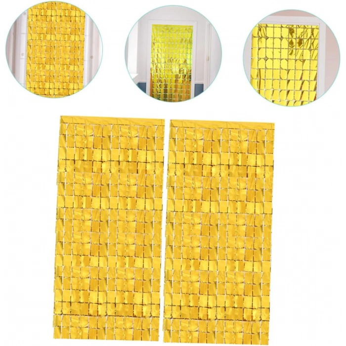 Timion Ekstra Metalize Altın Renk Disko Dikdörtgen Kesim Kapı Perdesi Dekorasyon 1x2 Metre (5148)