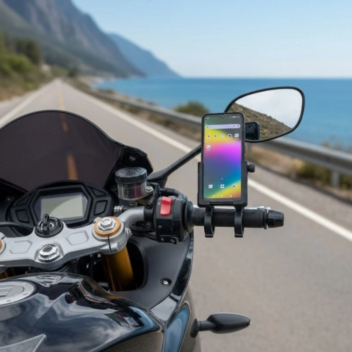 Timion Evrensel Motosiklet Telefon Tutucu – Kaymaz, Kilitlenebilir Güvenli Tutuşlu, 360° Ayarlanabilir Gidon Bağlantılı Akıllı Telefon Aparatı (5148)