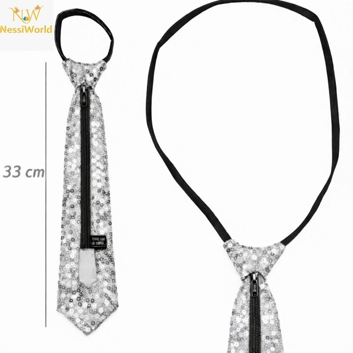 Timion Gümüş Renk Pul Payetli Işıltılı Parti Kravatı 33 cm