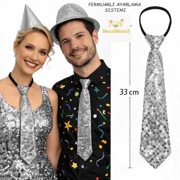 Timion Gümüş Renk Pul Payetli Işıltılı Parti Kravatı 33 cm