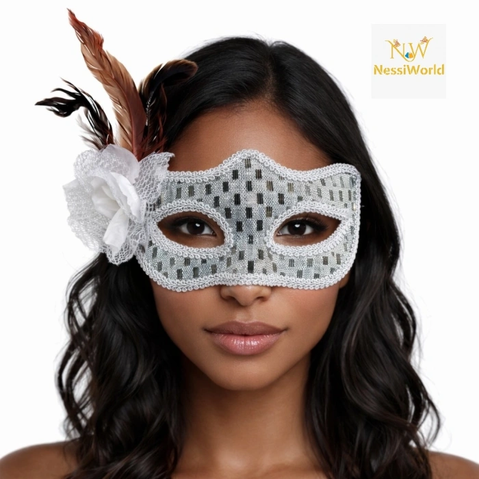 Timion Gümüş Renk Tüylü Balo Maskesi Kadın Parti Aksesuarı