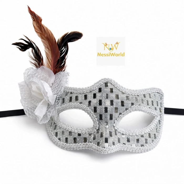 Timion Gümüş Renk Tüylü Balo Maskesi Kadın Parti Aksesuarı