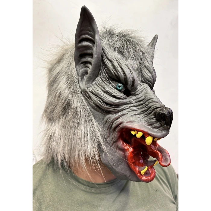 Timion Kafaya Tam Geçmeli Lateks Dil Çıkaran Mavi Gözlü Kurt Maskesi (5148)