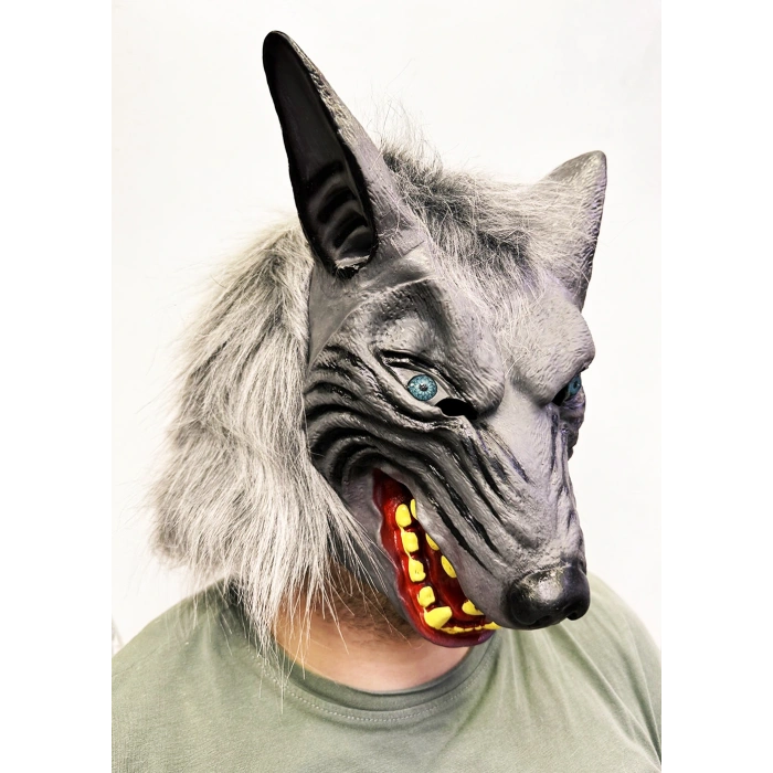 Timion Kafaya Tam Geçmeli Lateks Mavi Gözlü Dişli Ağzı Açık Kurt Maskesi (5148)