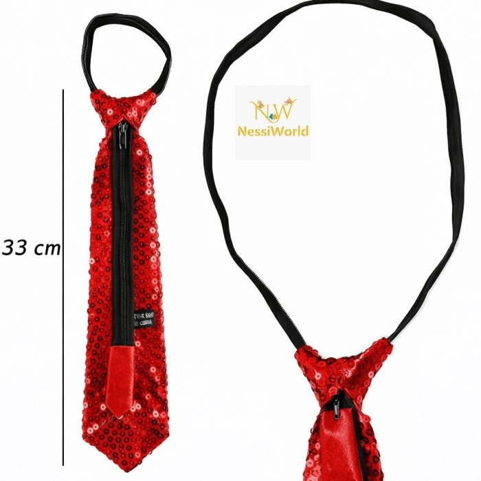 Timion Kırmızı Pul Payetli Işıltılı Parti Kravatı 33 cm