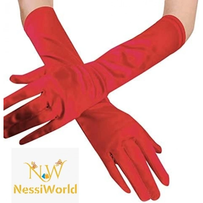 Timion Kırmızı Renk Dirseğe Kadar Uzun Kumaş Eldiven 40 cm