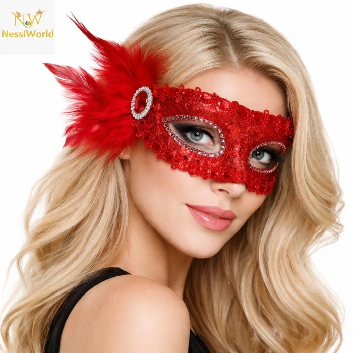 Timion Kırmızı Taşlı Venedik Parti Maskesi – Tüylü Payetli