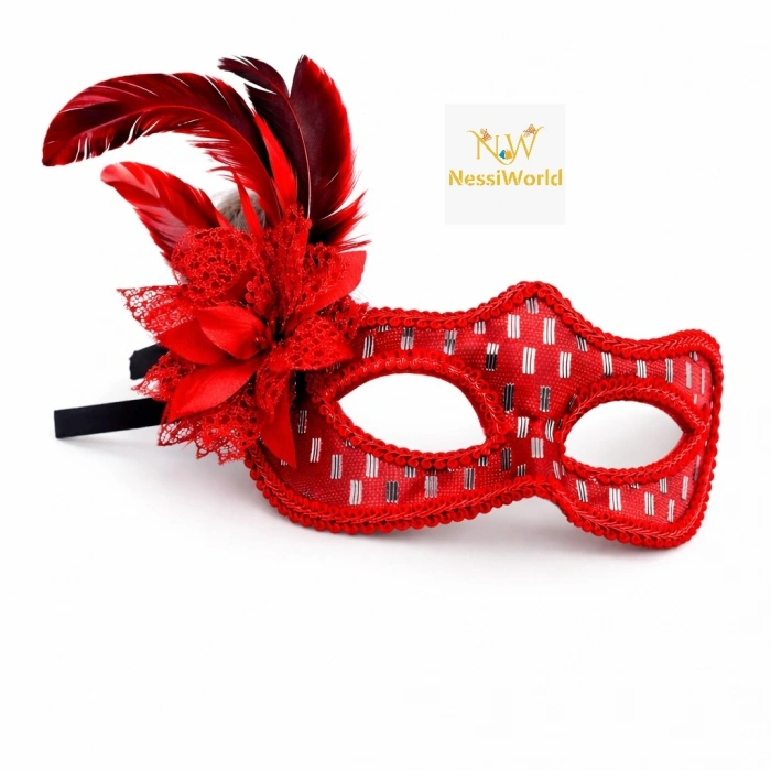 Timion Kırmızı Tüylü Balo Maskesi Kadın Parti Aksesuarı