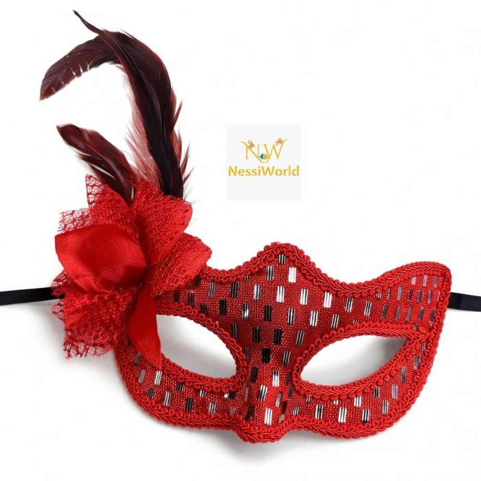 Timion Kırmızı Tüylü Balo Maskesi Kadın Parti Aksesuarı