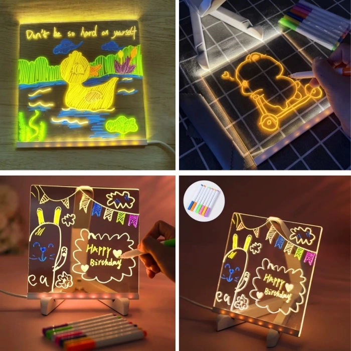 Timion LED Işıklı Kendiliğinden Renkli Fosforlu Kalemli Kare Yazı Panosu 20x20 cm (5148)