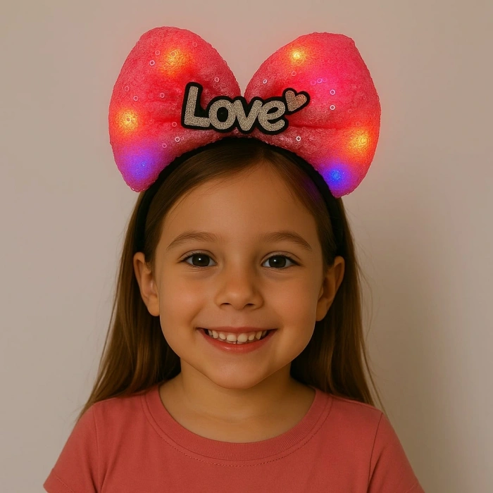 Timion LED Işıklı Love Yazılı Fuşya Fiyonk Taç – Kız Çocuk Parti Tacı (5148)