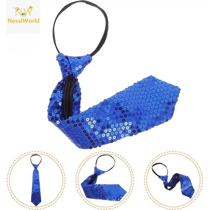 Timion Mavi Pul Payetli Işıltılı Parti Kravatı 33 cm