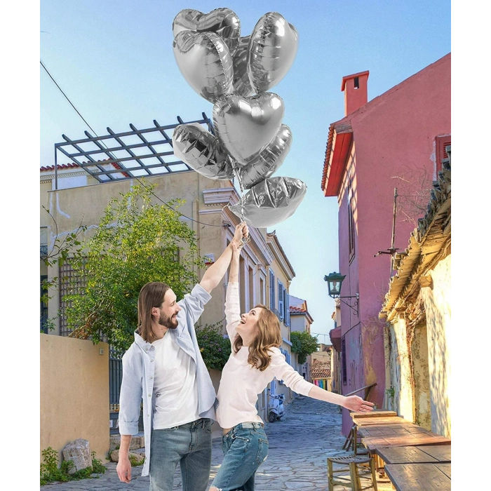 Timion Metalize Parlak Gümüş Kalp Şekilli Uçan Balon Folyo 18 inç 45 cm 10 Adet (5148)